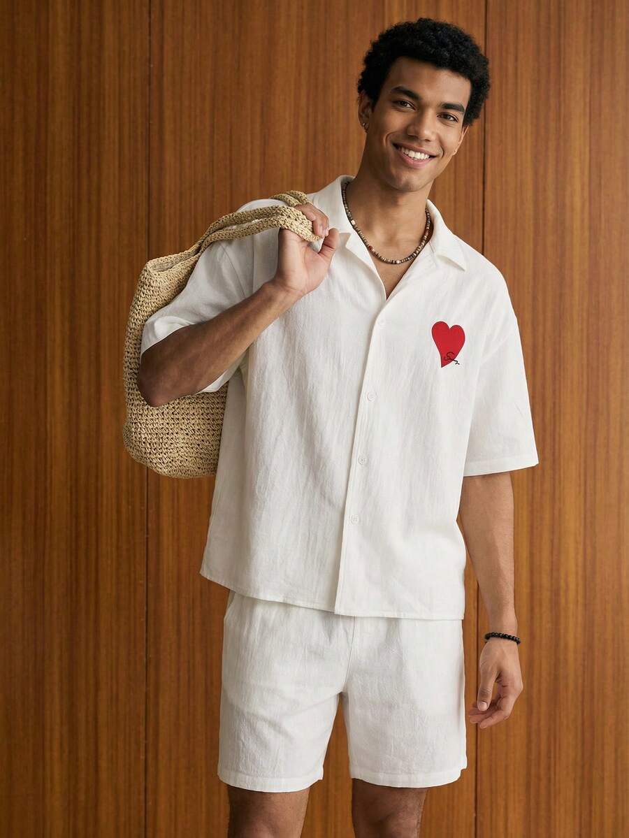 SWAVVY 男士休闲两件套，时尚舒适，适合日常、海滩派对等场合，简约宽松风格 - 白色 - 查看 1