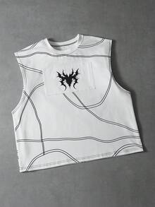Manfinity Roghcode Regata Casual Masculina com Estampa Gráfica Solta, Adequada para Uso Diário, Verão, Dia dos Namorados, Primavera a Verão, Presente para Meu Namorado, Carnaval, Vintage, Streetwear, Festa, Dia de São Patrício, Saída, Regata Masculina com Costura Estrutural e Padrão de Rua Bordado no Peito. - Branco - Visão 1