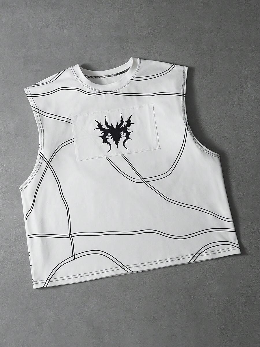 Manfinity Roghcode Regata Casual Masculina com Estampa Gráfica Solta, Adequada para Uso Diário, Verão, Dia dos Namorados, Primavera a Verão, Presente para Meu Namorado, Carnaval, Vintage, Streetwear, Festa, Dia de São Patrício, Saída, Regata Masculina com Costura Estrutural e Padrão de Rua Bordado no Peito. - Branco - Visão 1