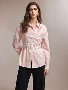 BizChic 2026 Spring/Summer New Arrival Pink Shirt Collar Front Button Down Asymmetric Cut Criss-Cross Binding Design Waist Cinched Slimming Women's Shirt, Romantic Casual Chic Elegant For Party And Office Commute - Pink - View 3
