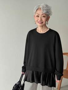 FRIFUL 女士纯色棉混纺圆领长袖T恤，下摆褶裥设计，宽松休闲 - 黑色 - 查看 5