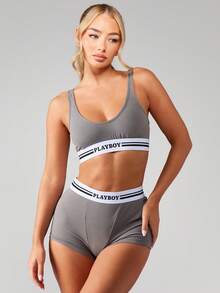 Missguided x Playboy Scoop Neck Bralette And Boxer Brief Set With Contrast Striped Band Athletic Inspired Loungewear Comfortable Everyday Intimates Two Piece Undergarment Collection - Grey - View 1