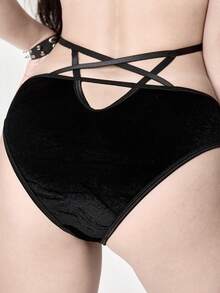 ROMWE 1pc Gothic Velvet Pentagram Print Thong Panty - Black - View 3