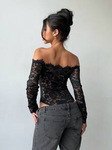 Aloruh Women's Black Lace Sheer Hollow Out Off-Shoulder Long Sleeve Bodysuit, Suitable For Weddings, Parties, Dates, Autumn/Winter Layering - Black - View 3