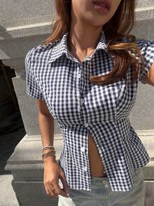 Pariaura Camisa feminina casual, Camisa feminina primavera/verão, Camisa feminina azul, Camisa feminina xadrez - Azul - Ver 5