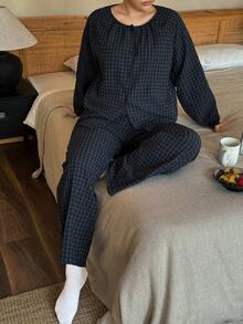 Dazy Plus 大码女式格子休闲宽松圆领开衫长袖上衣和直筒裤睡衣套装，春秋季 - 藏蓝色 - 查看 6