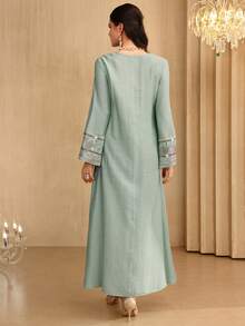 Al Najma 时尚V领花卉蕾丝喇叭袖连衣裙，春夏款 - 薄荷綠 - 查看 3