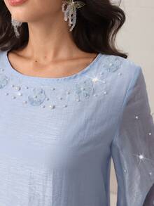 Al Najma Abito elegante e romantico con scollo tondo, maniche a lanterna, decorato con perle e fiori 3D, con gonna ampia, adatto per la primavera/estate - Blu - Visualizzare 4