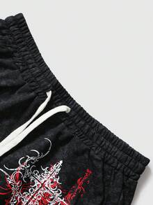 ROMWE MEN 男士朋克印花抽绳腰带短裤，夏季 - 黑色 - 查看 7