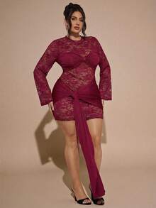 SHEIN BAE Rochie de damă Plus Size, culoare solidă, dantelă, model patchwork, mulată - Burgundia - Vizualizare 6
