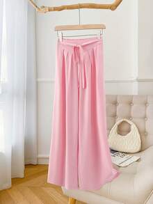GlowEve Women's Elastic Waist Bow Tie Waist Belt, Pleated Wide Leg Pants, Casual Vacation Chic Daily Versatile Elegant Trousers, Spring/Summer - Pink - View 4