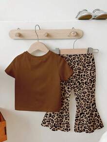 1 Set Baby Girls Lovely Rabbit Ear Leopard Print Round Neck Short Sleeve T-Shirt And Knitted Leggings Cute Outfit, Leopard Print T-Shirt Set, Cartoon Rabbit Print Clothing - Multicolor - View 2