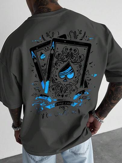 Manfinity LEGND Men's Crew Neck Drop Shoulder Short Sleeve Creative Playing Card Print T-Shirt