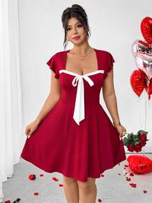 Elenzga Plus Size Elegant Short Knitted Dress In Burgundy With Sweetheart Neckline And Short Sleeves - Burgundy - View 6