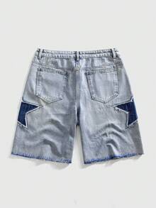 ROMWE MEN Street Life Men's Casual Everyday Wear Denim Shorts With Pockets, Button And Star Patch Decor - Light Wash - View 2