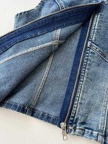 Elamini Vintage Collar Sleeveless Washed Denim Fitted Jacket - Medium Wash - View 5