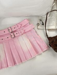 Elamini Y2K 时尚休闲铆钉腰带低腰牛仔百褶裙 - 粉色 - 查看 5