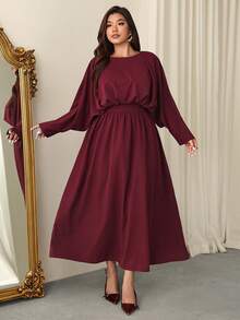 Firerie Vestido largo de línea A con cuello redondo, cintura fruncida, cintura alta, manga de murciélago y manga larga, elegante, exquisito, romántico y encantador para fiesta de Año Nuevo, baile, cita de San Valentín, talla grande, color morado rojo - Rojo violeta - Ver 6