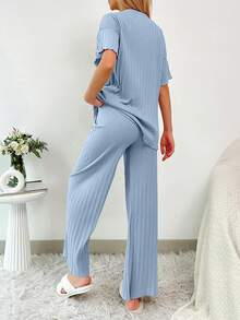 RueChic 2Pcs/Women's Button Details And Lettuce Trim Detail Homewear Lounge Set - Baby Blue - View 2