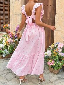 SHEIN 孕妇休闲条纹蝴蝶结印花系带露背连衣裙，夏季 - 藍白色 - 查看 1