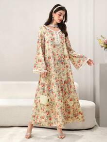 Yasmyna Women's Spring/Summer Woven Digital Print Floral Lace Trim Elegant Arabic Dress - Multicolor - View 1