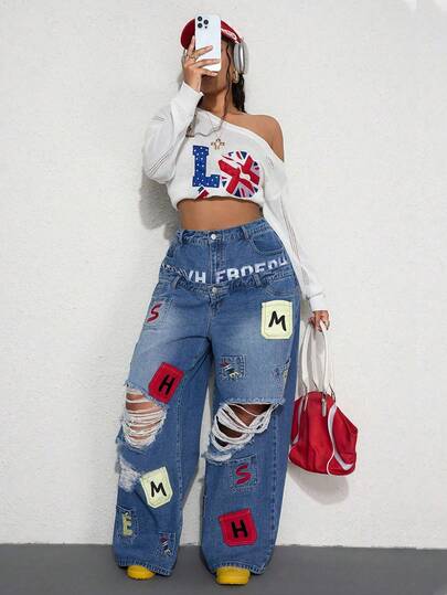 ROMWE Street Life Spring/Summer Casual Graphic Y2K Casual Street Style Pocket Embroidery Design Dual Waistband Loose Fit Denim Jeans