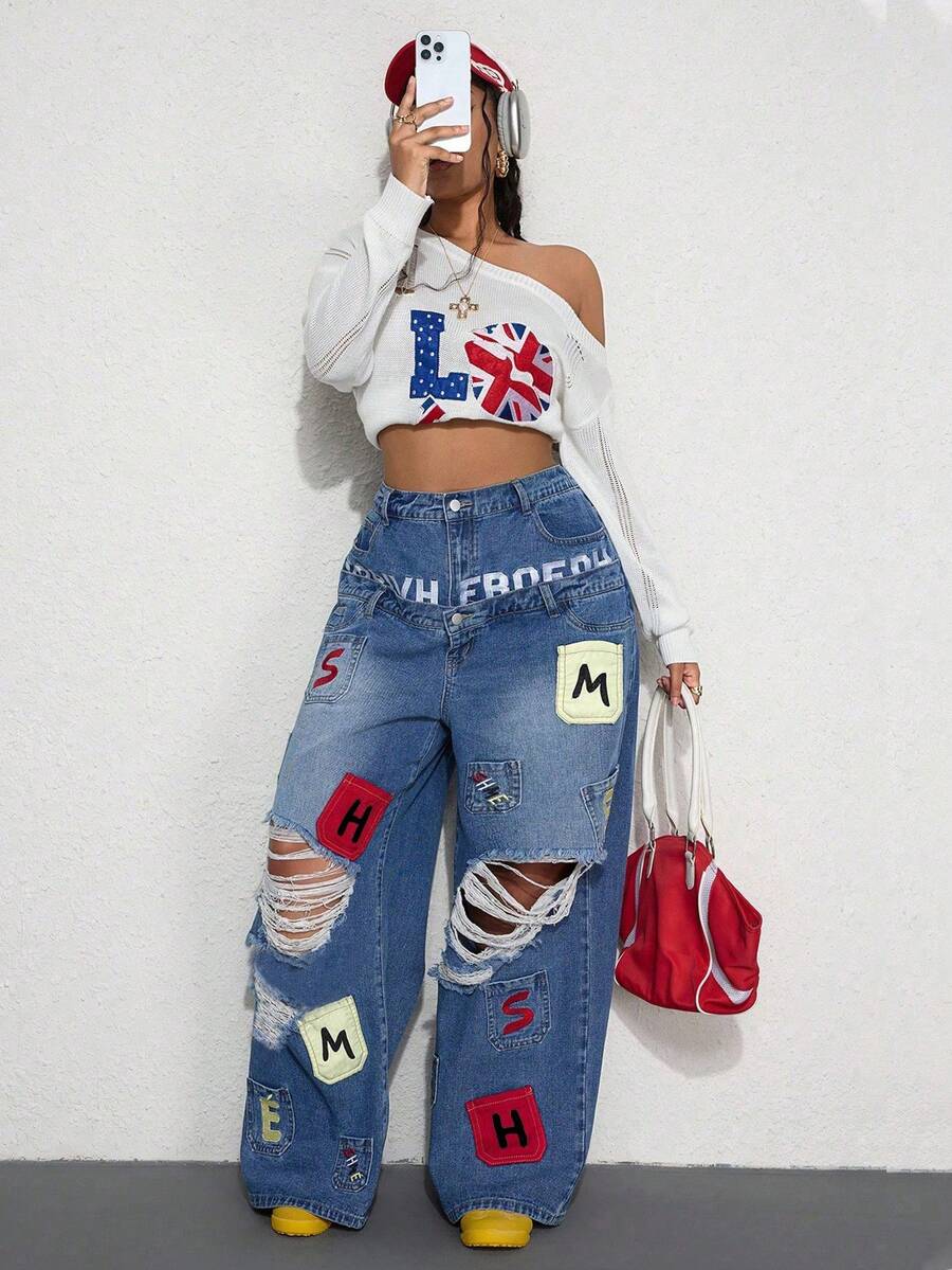ROMWE Street Life Spring/Summer Casual Graphic Y2K Casual Street Style Pocket Embroidery Design Dual Waistband Loose Fit Denim Jeans - Blue - View 1