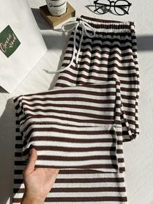 Comfortcana 加大码黑白条纹休闲抽绳裤，秋冬款 - 咖啡棕 - 查看 5