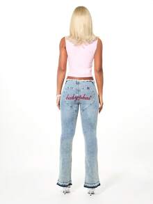 BABYPHAT Quần jeans ống loe dáng rộng, cạp cao, ống loe thêu họa tiết trái tim, chất liệu denim mài kiểu cổ điển và chữ viết màu đỏ, thích hợp cho ngày Valentine. - Màu xanh lam - Xem 5