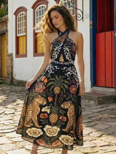 CAJUNI Women's Tropical Print Halter Neck Dress With Leopard And Floral Design Cutout Waist Backless Midi Dress,Tropical Vacation Rainbow Flowers Long Dress