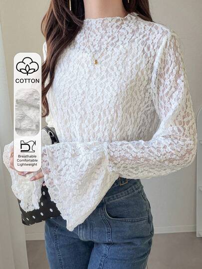FRIFUL Solid Color Semi-Turtleneck Sheer Lace Fabric Long Flare Sleeve Casual Versatile Blouse Long Sleeve Spring