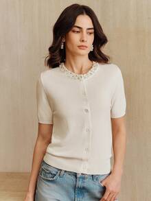 Anewsta Women's Spring/Summer New White Beaded Round Neck Short Sleeve Knit Cardigan - White - View 4