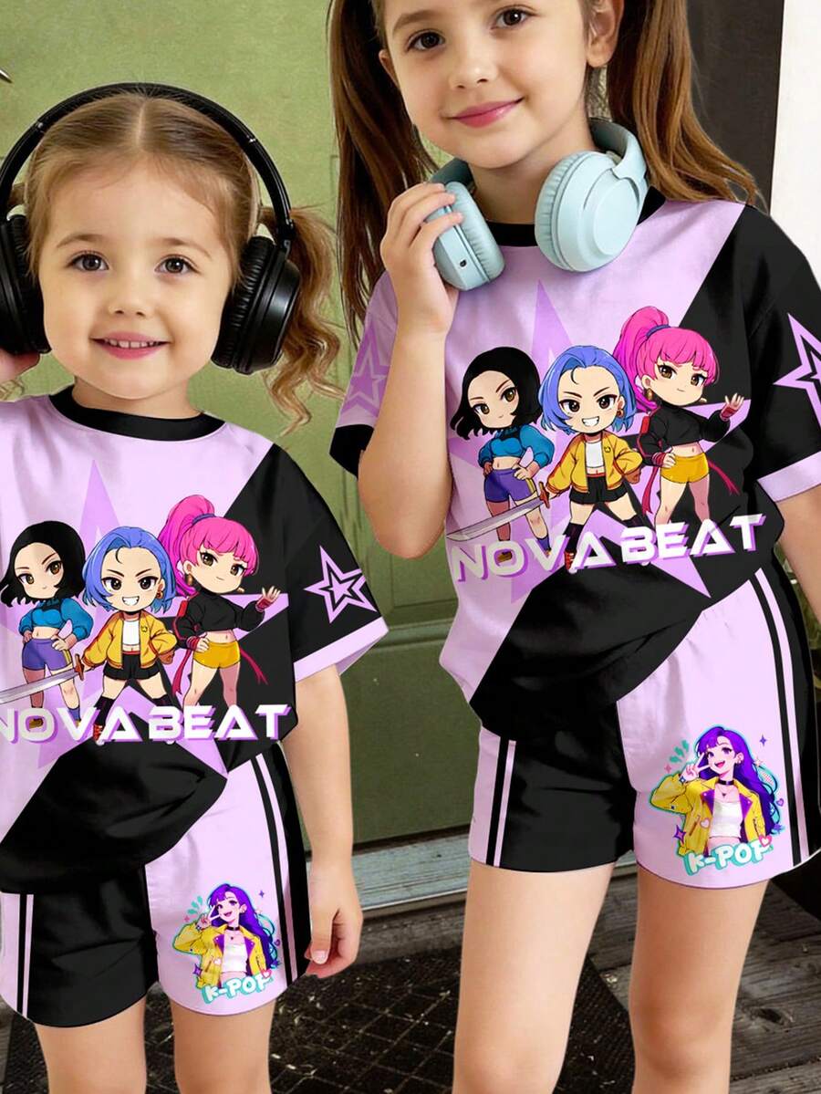 返校季卡通女孩撞色紫色和黑色少女休闲简约短袖T恤和短裤两件套，适合夏季、休闲校园运动风、户外野餐、郊游、街头拍照 - 彩色 - 查看 1