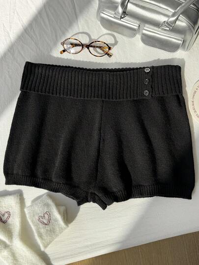 Comfortcana 大码女式休闲日常通勤简约纯色翻边纽扣腰针织短裤