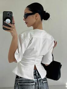 DAZY 女士夏季纯色圆领腰部抽绳休闲 T 恤 Y2k - 白色 - 查看 10