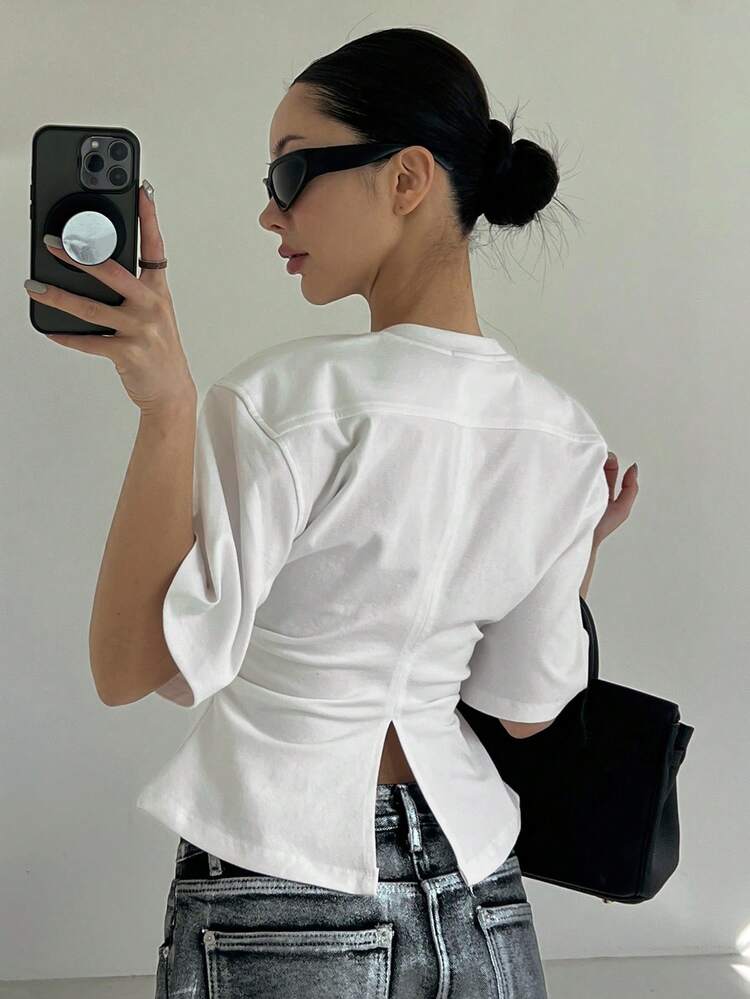 Women's Summer Solid Color Round Neck Waist Drawstring Casual T-Shirt Y2k