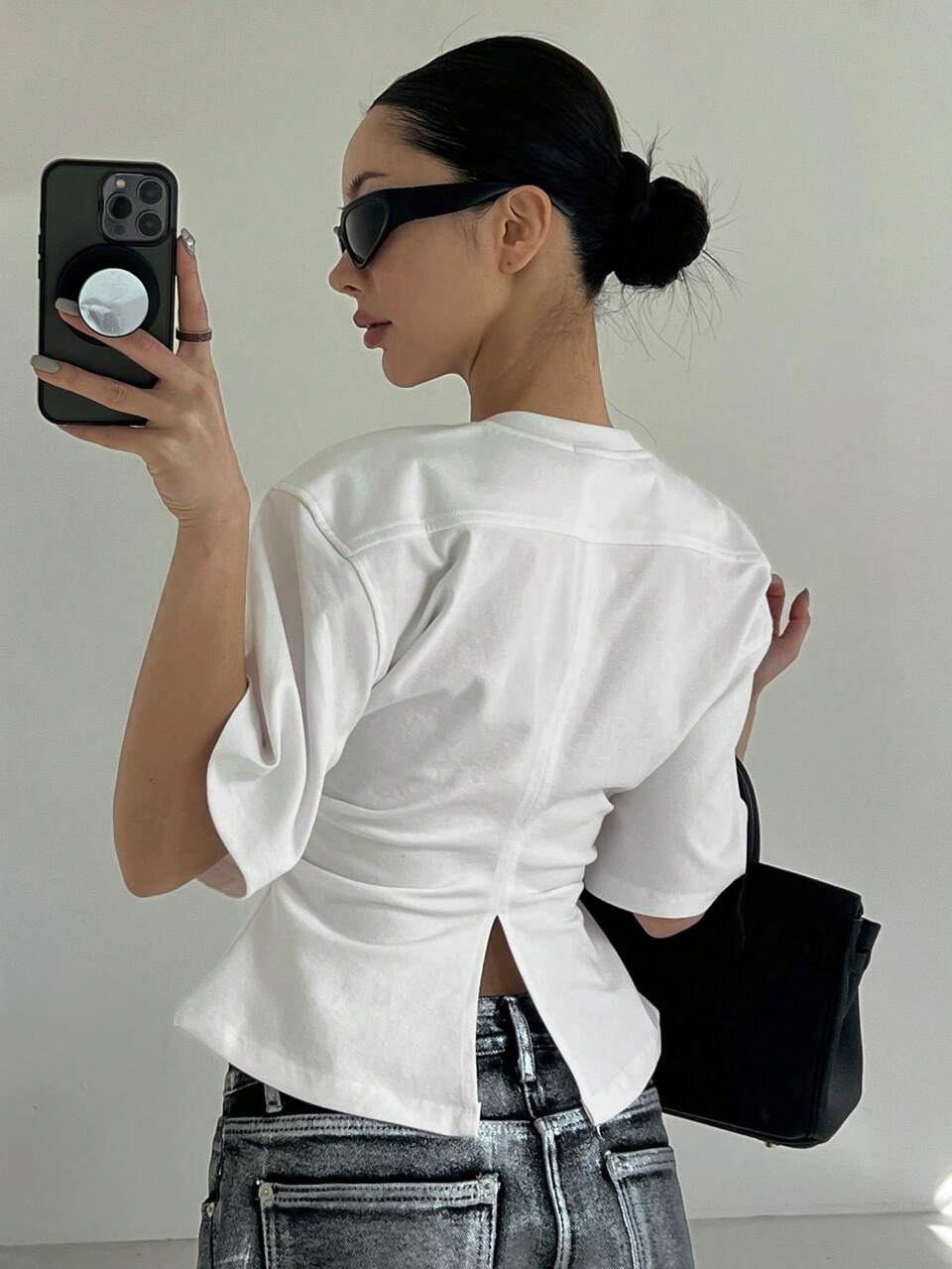 Women's Summer Solid Color Round Neck Waist Drawstring Casual T-Shirt Y2k