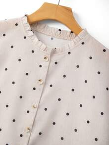 Franclia 女士休闲波点印花亚麻质感面料荷叶边领蝙蝠袖荷叶边短袖纽扣衬衫上衣，时尚休闲，通勤日常穿着，百搭优雅都市风，春夏穿着，乡村音乐节 - 彩色 - 查看 5