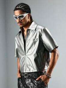 ROMWE MEN Street Life 男士PU亮银色拉链口袋休闲短袖衬衫 - 銀色 - 查看 7