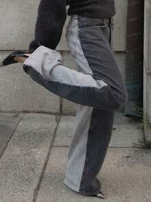 Dazy Plus 大码女式复古撞色水洗宽松直筒百搭牛仔裤，四季皆宜 - 灰色 - 查看 1