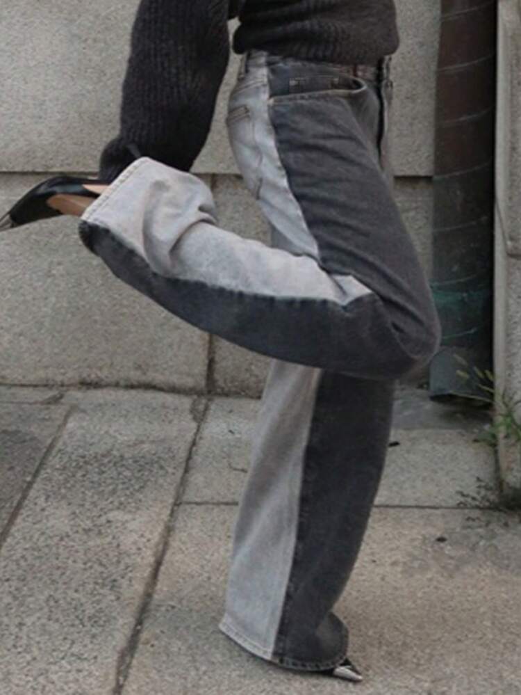 Dazy Plus Plus Size Women Retro Color Block Washed Loose Straight Leg Versatile Jeans, All Season