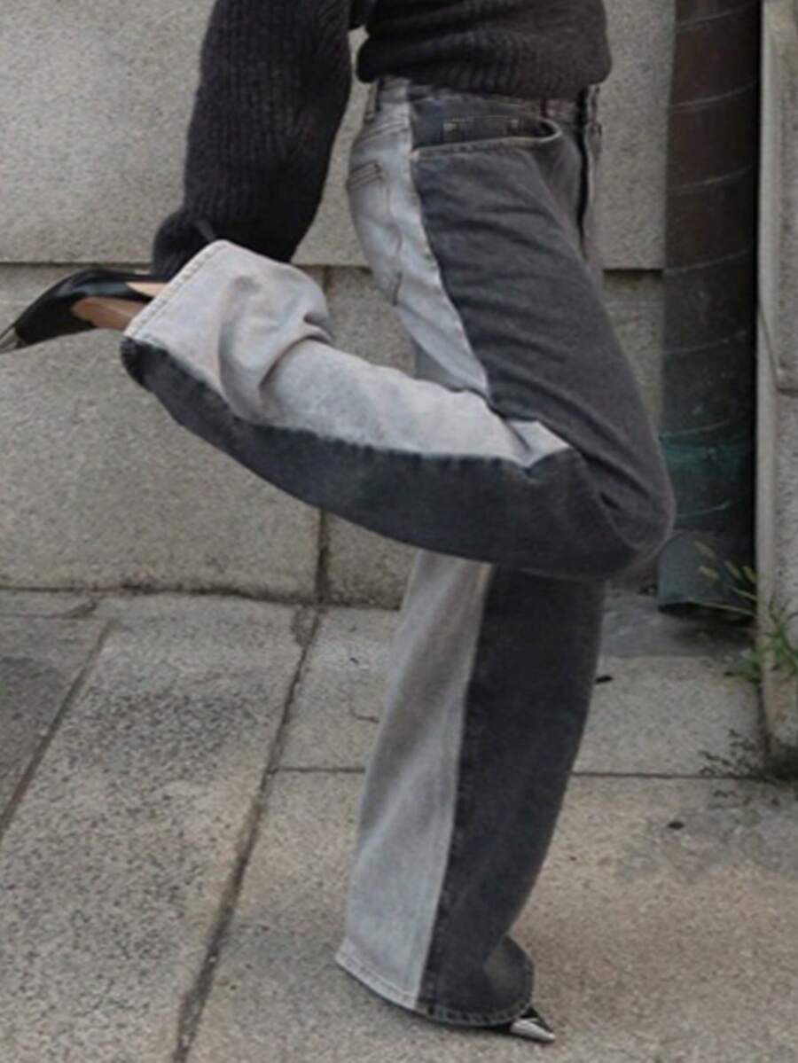 Dazy Plus Plus Size Women Retro Color Block Washed Loose Straight Leg Versatile Jeans, All Season - Grey - View 1