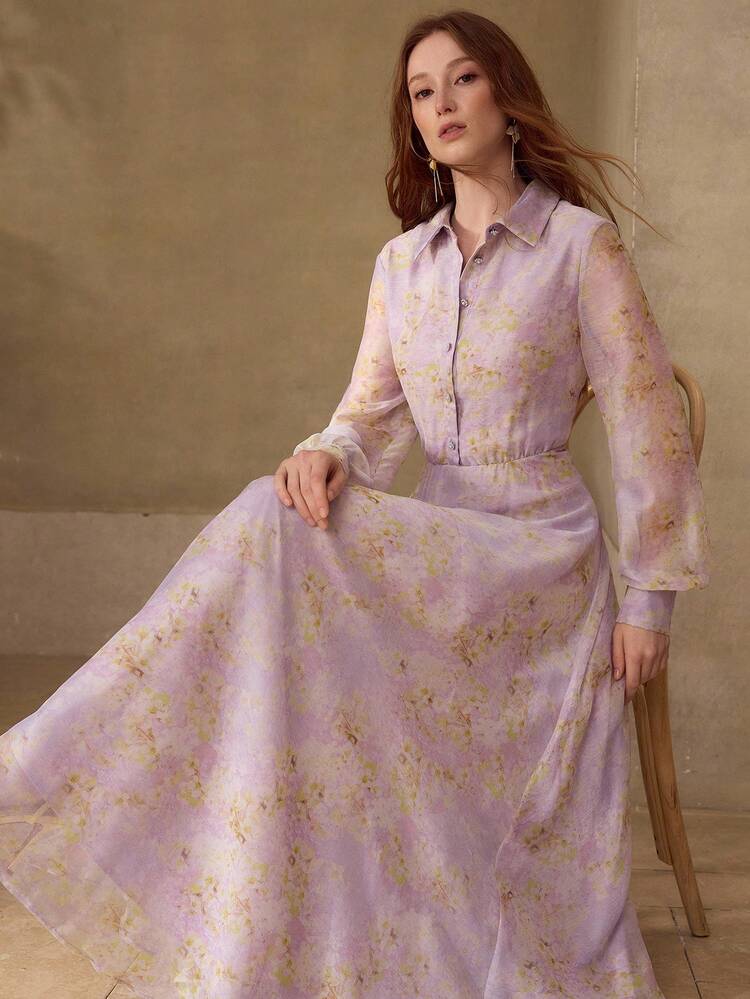 WOMEN'S LONG FLORAL PRINT ELEGANT A-LINE DRESS, SPRING/SUMMER
