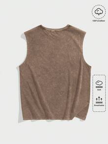 ROMWE MEN Street Life Camiseta de tirantes con estampado de cruz gótica lavada y desgastada para hombres - Café integral - Ver 2