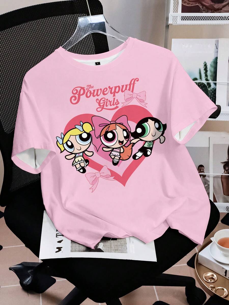 THE POWERPUFF GIRLS X SHEIN 女士休闲可爱花朵、泡泡、毛茛图案圆领短袖T恤，夏季 - 白色 - 查看 1