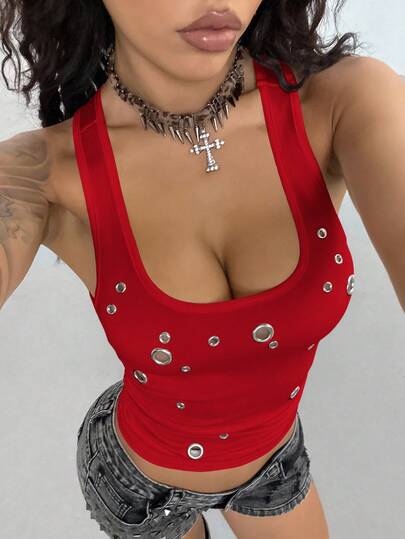 StreetHx Women's Summer Fashion Street Punk Eyelet Fitted Tank Top