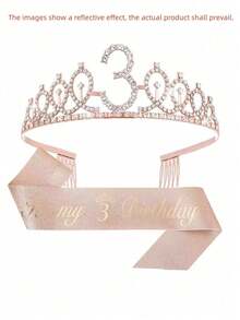 Sparkling Rhinestone Crystal Crown Tiara With Happy Birthday Satin Sash 2PCS Set For Girls 3rd 4th 5th 6th 7th 8th 9th Years Old Birthday Party Decorations, Princess Anniversary Celebration Supplies For Christmas​ - Rose Gold - View 17