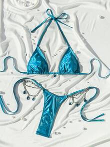 Swim SXY Women's Sexy Solid Color Halter Backless Tie-Back Metal Chain Bikini Set Set, Spring/Summer/Autumn Turquoise Bikini Beaded Bikini Rhinestone Bikini Sequin Bikini - Blue - View 5