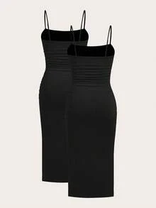 SHEIN EZwear Đầm hè dáng ôm màu đen xếp ly, thanh lịch, dây mảnh dành cho nữ, cỡ lớn. - màu đen - Xem 2