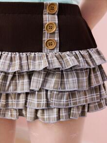 ROMWE Kawaii 可爱学院风撞色格纹迷你裙女款 - 彩色 - 查看 4